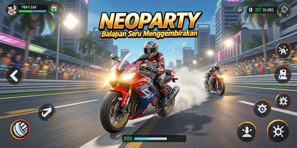 Gameplay seru di NEOPARTY dengan balapan motor yang mendebarkan.