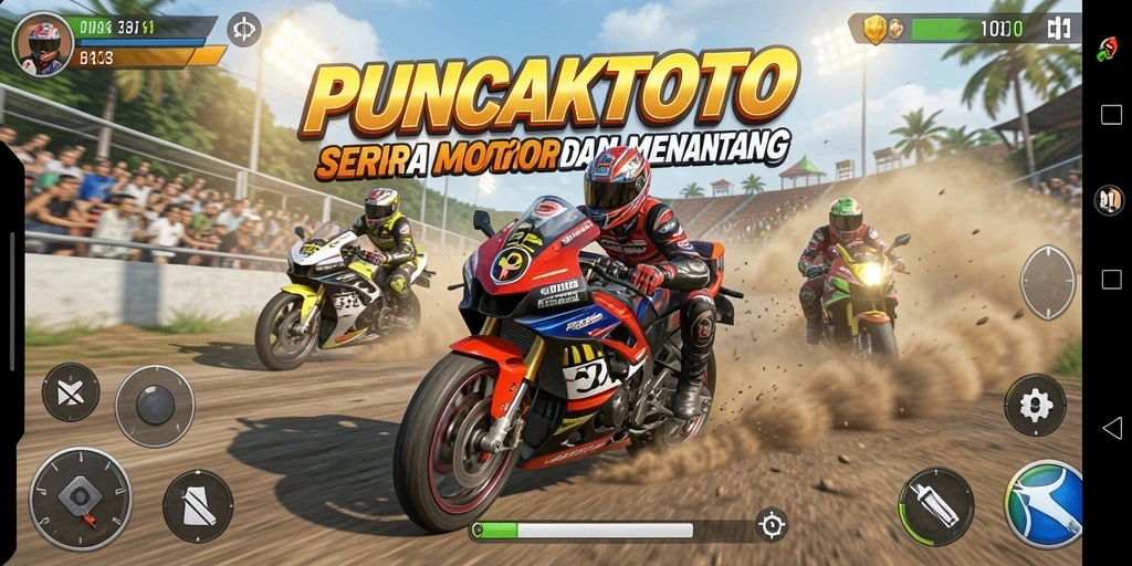 Screenshot gameplay PUNCAKTOTO menampilkan balapan motor yang mendebarkan.