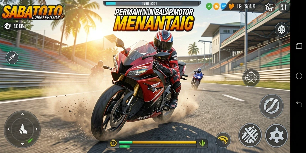 Tampilan gameplay SABATOTO dengan motor balap yang memukau.