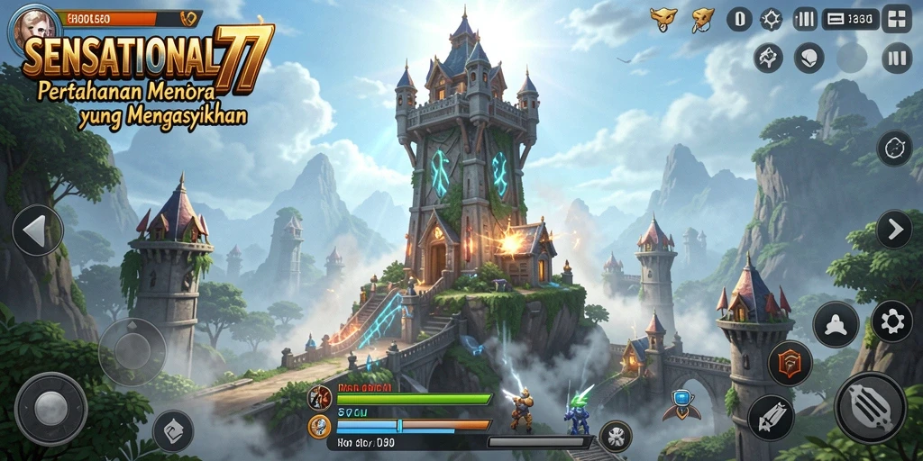 Gameplay <strong>SENSATIONAL77</strong> menampilkan pertarungan menara yang intens dan strategis.