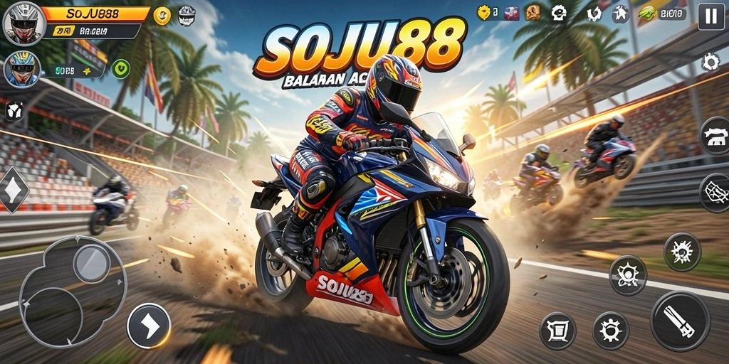 Gameplay mendebarkan SOJU88 dengan balapan motor spektakuler.