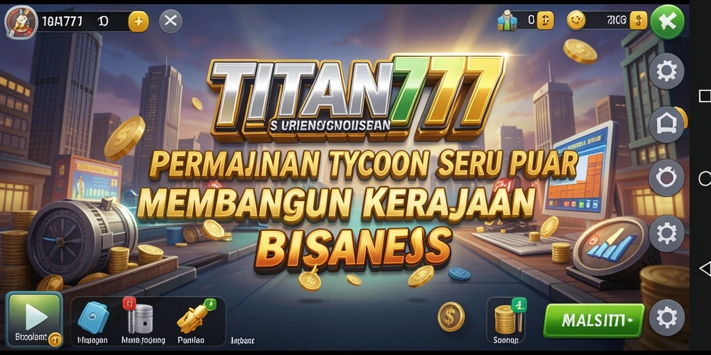 Tampilan gameplay <strong>TITAN777</strong> dengan elemen manajemen bisnis yang menarik.